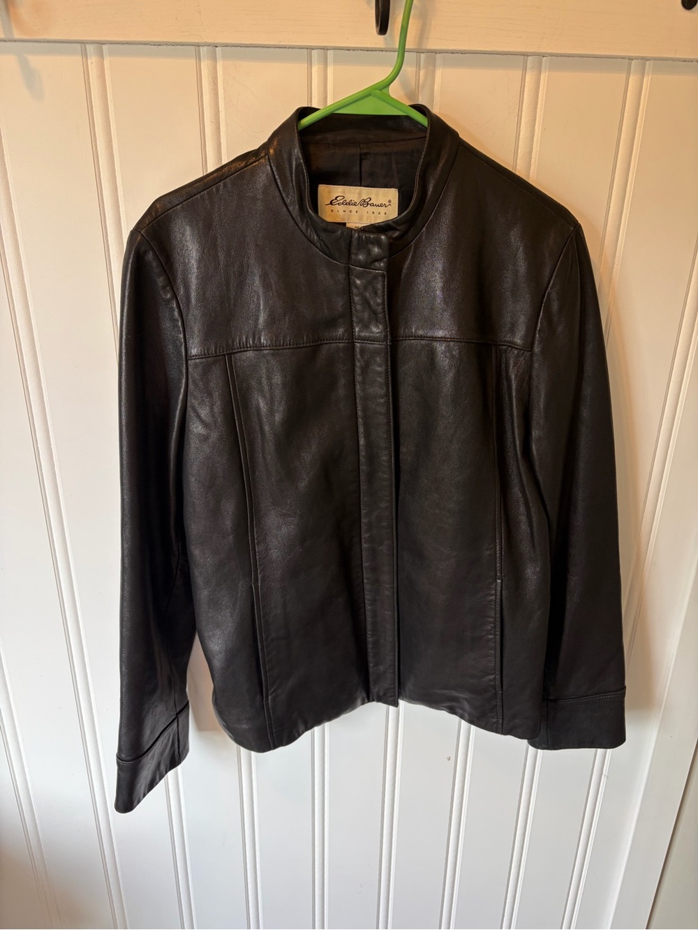 Eddie Bauer Vintage Black Lambskin Leather Jacket Mock Neck Full Zip Women's L